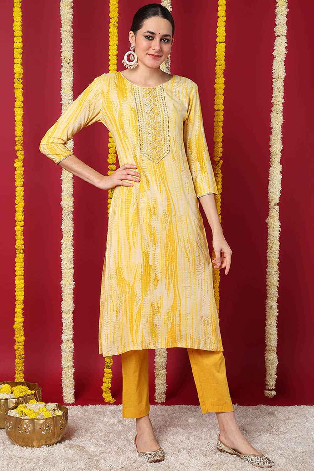 Yellow Rayon Abstract Print Straight Fit KurtI Set