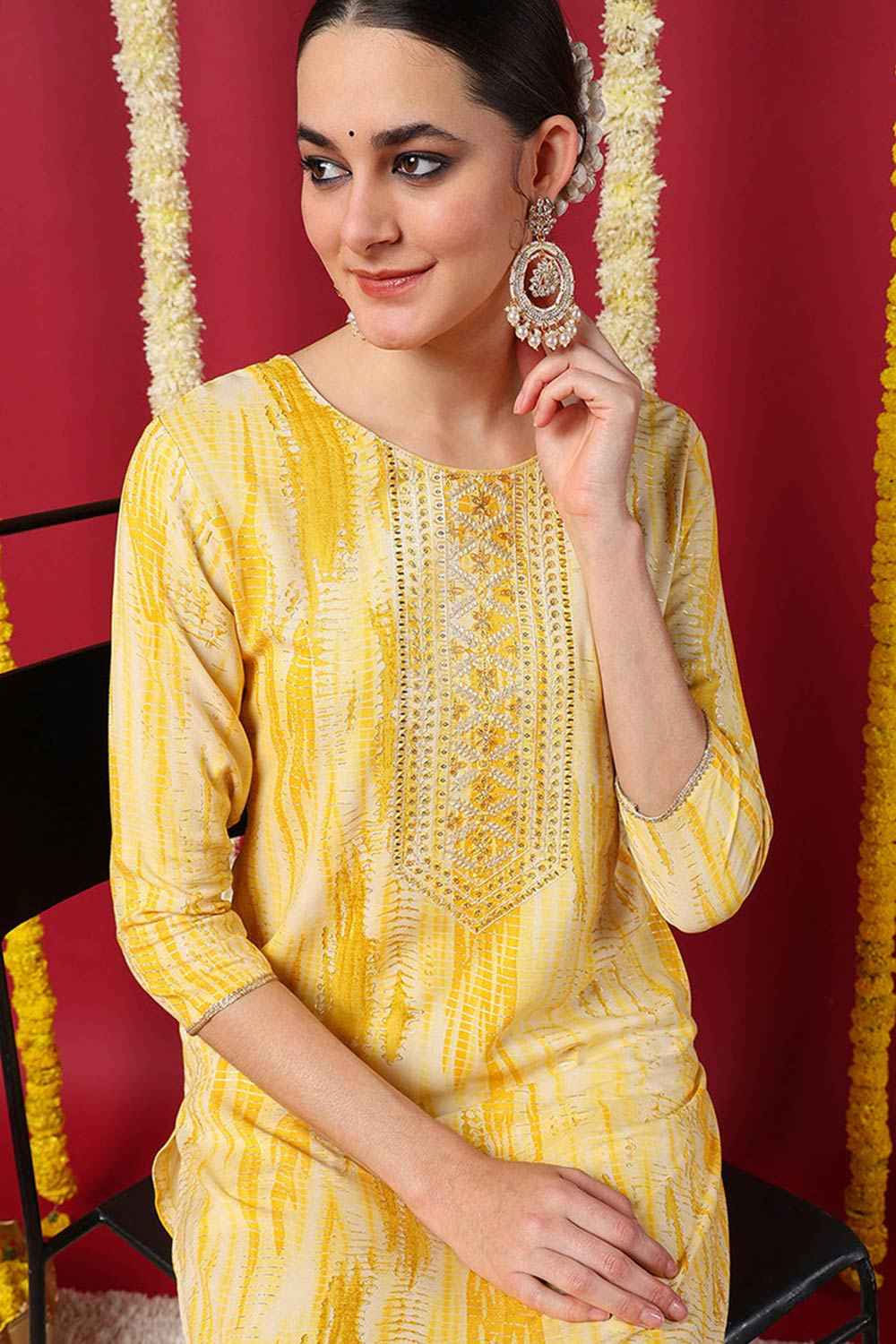 Yellow Rayon Abstract Print Straight Fit KurtI Set