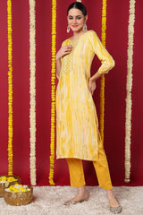 Yellow Rayon Abstract Print Straight Fit KurtI Set