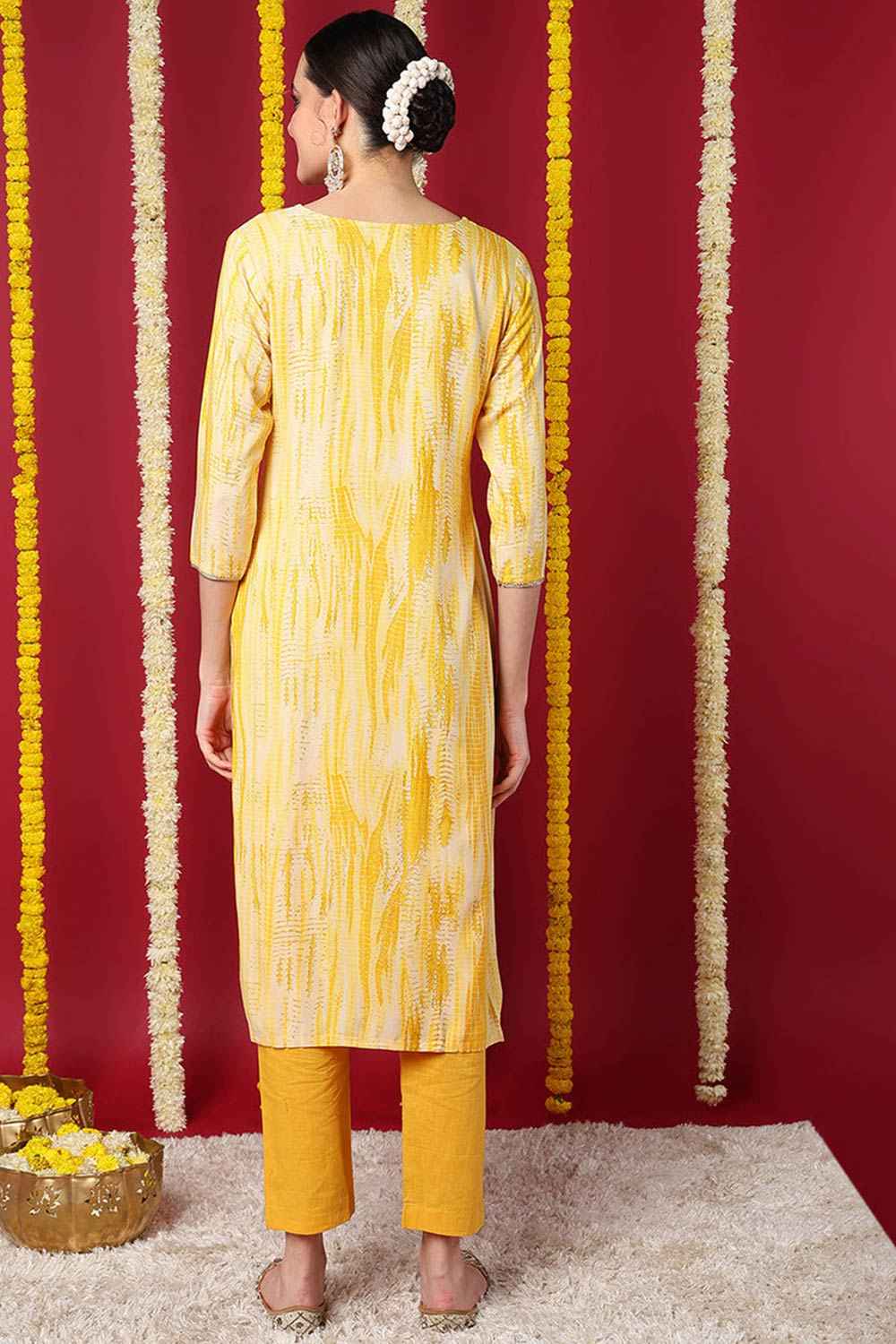 Yellow Rayon Abstract Print Straight Fit KurtI Set