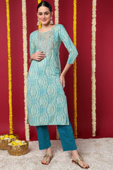 Blue Rayon Floral Print Round Neck KurtI Set