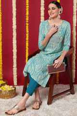 Blue Rayon Floral Print Round Neck KurtI Set