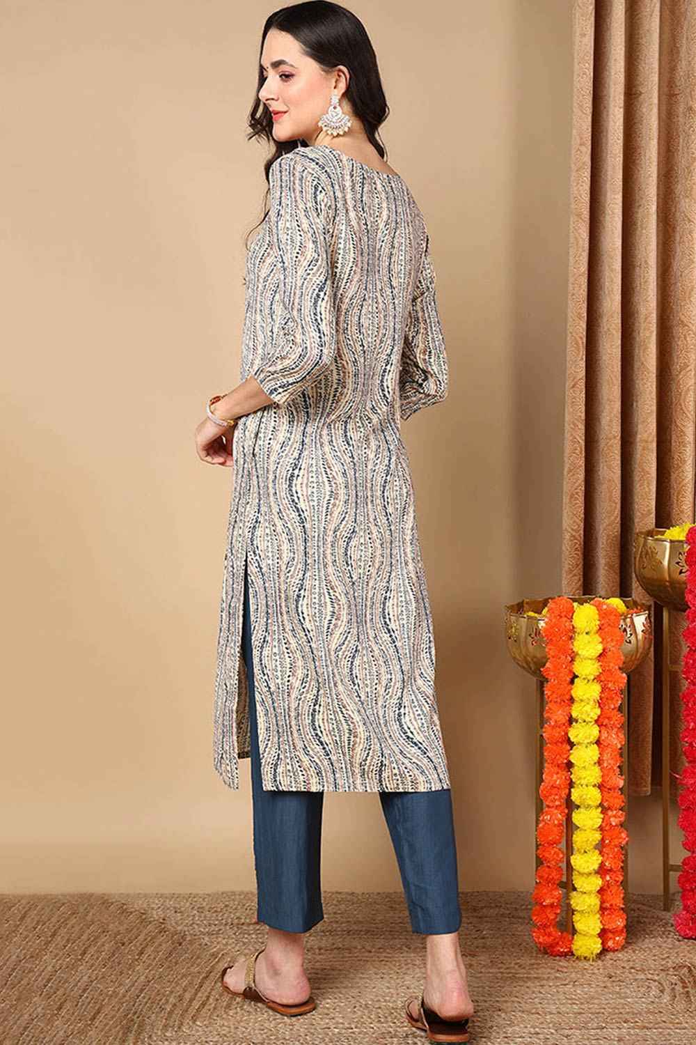 Beige Rayon Abstract Print Straight Fit KurtI Set