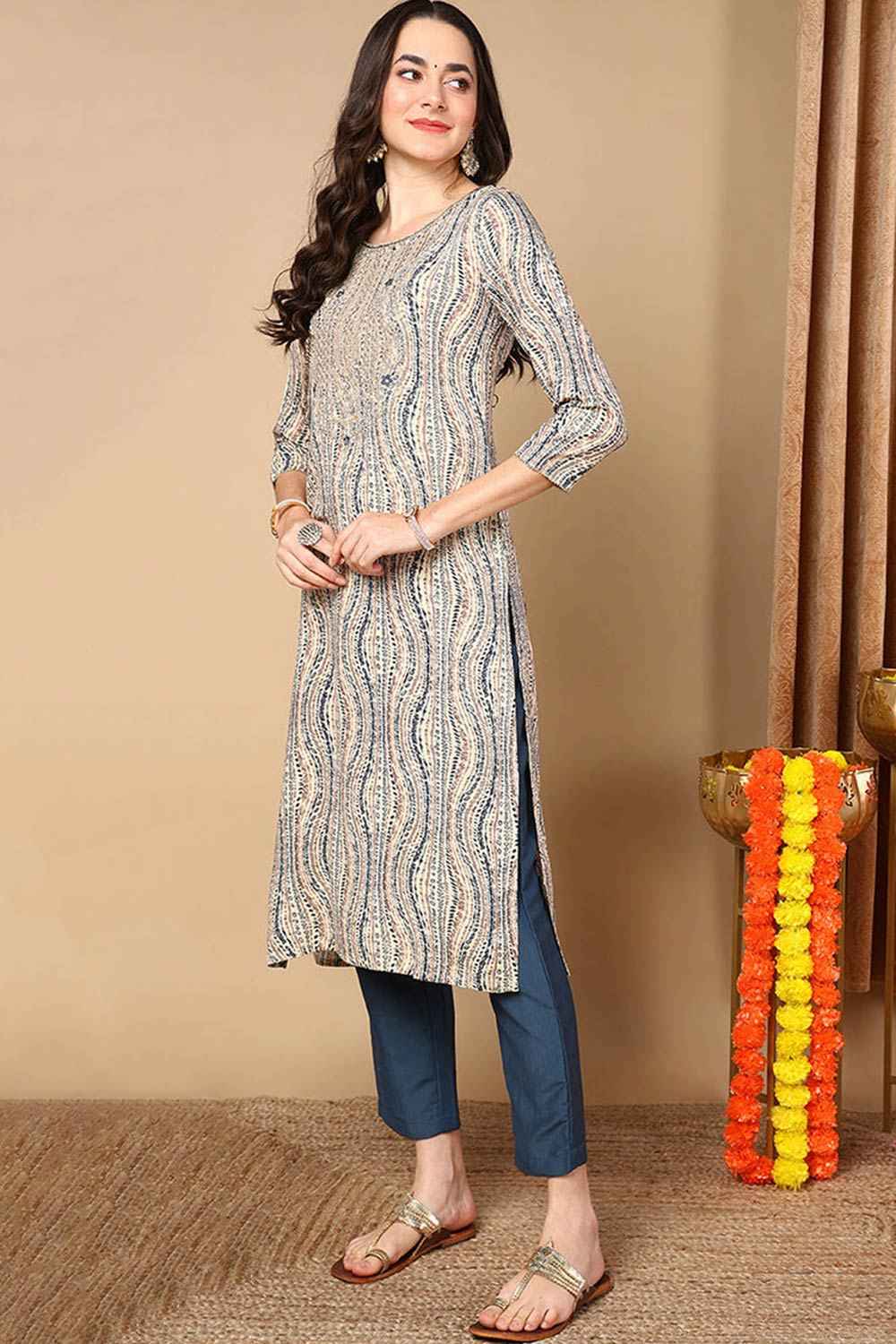 Beige Rayon Abstract Print Straight Fit KurtI Set