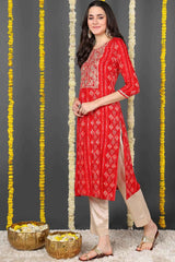 Red Rayon Floral Print Round Neck KurtI Set