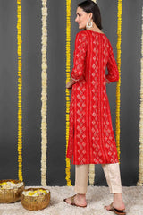 Red Rayon Floral Print Round Neck KurtI Set