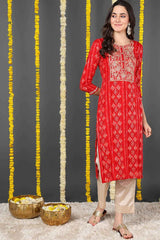 Red Rayon Floral Print Round Neck KurtI Set