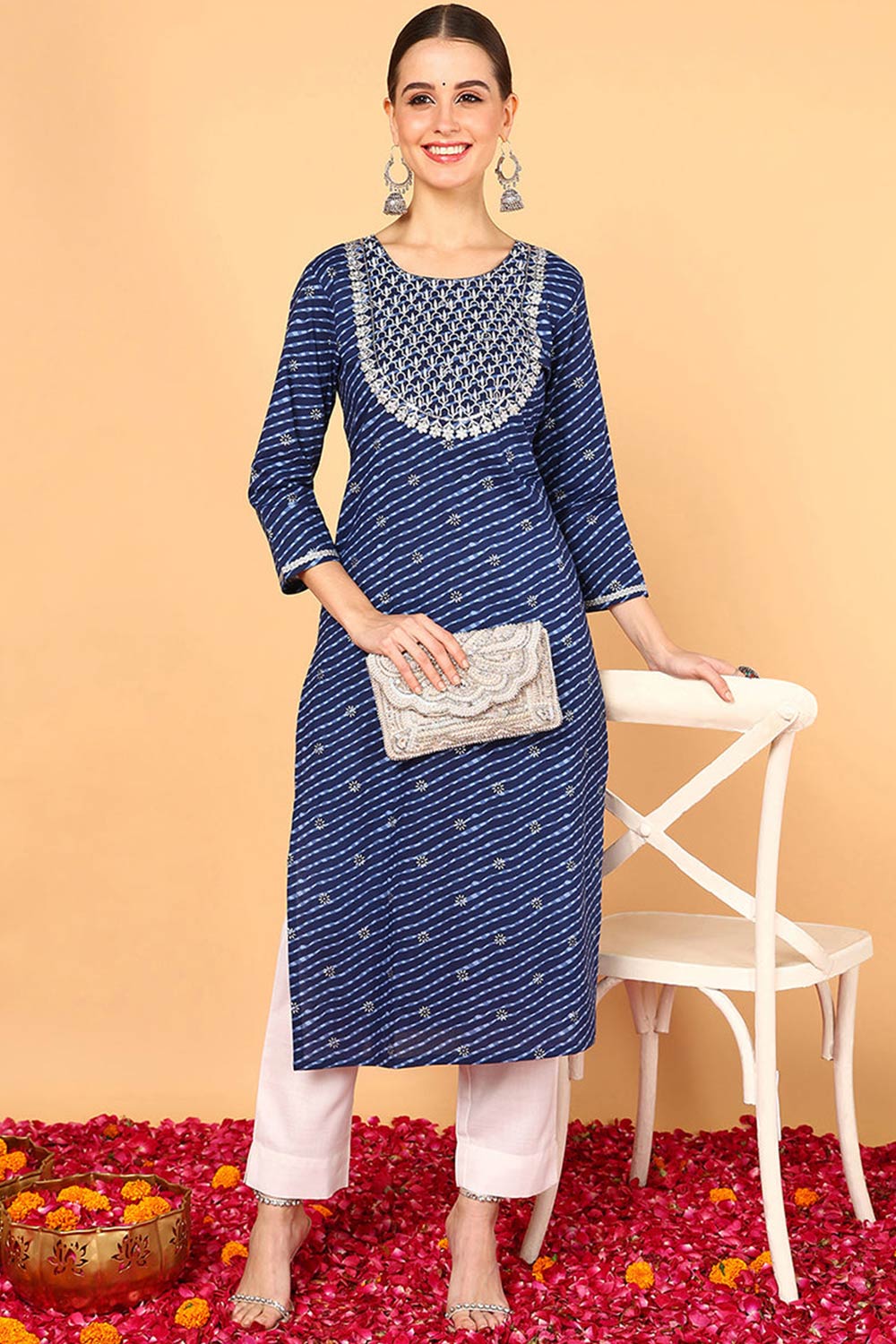 Blue Cotton Leheriya Straight Fit KurtI Set