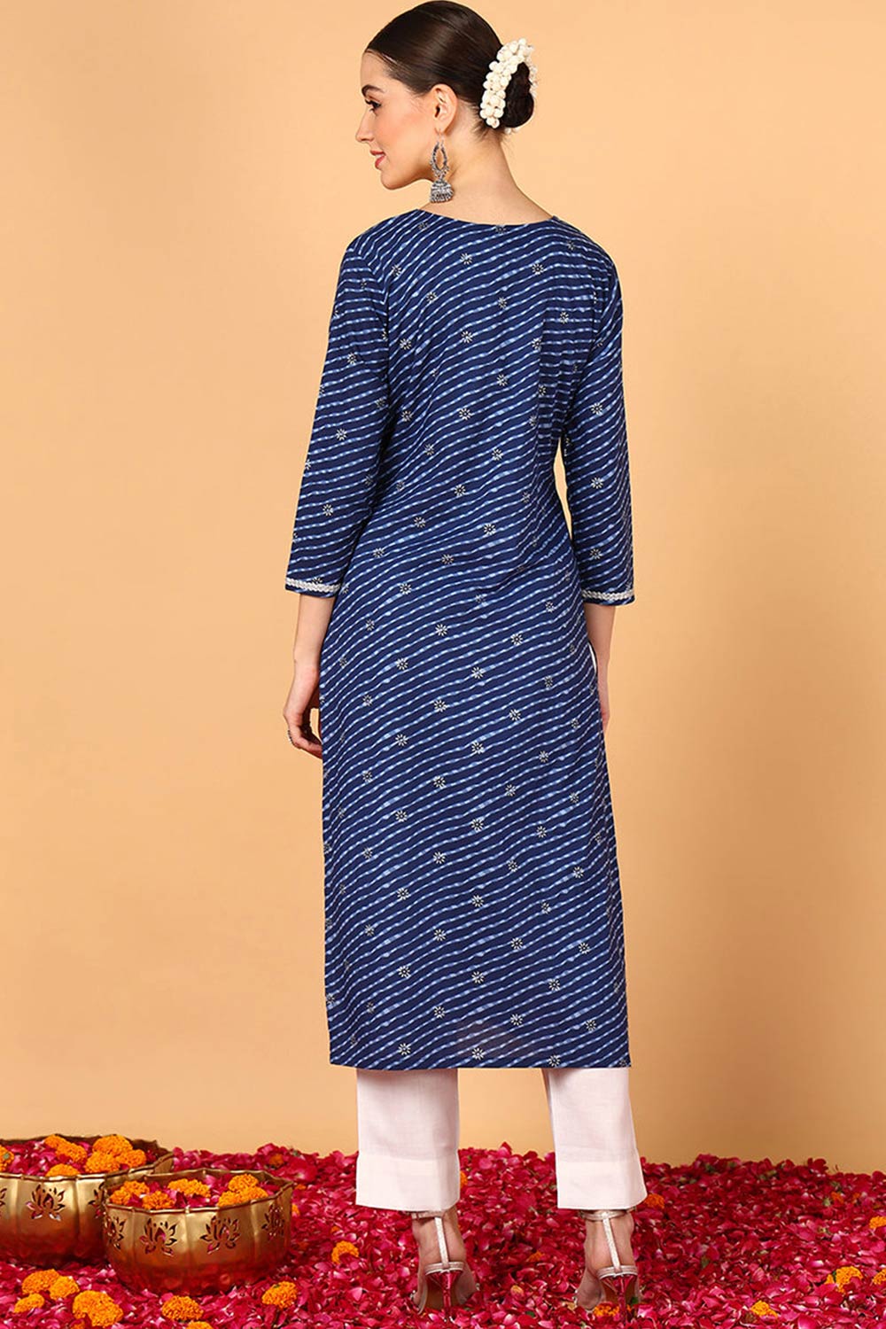 Blue Cotton Leheriya Straight Fit KurtI Set