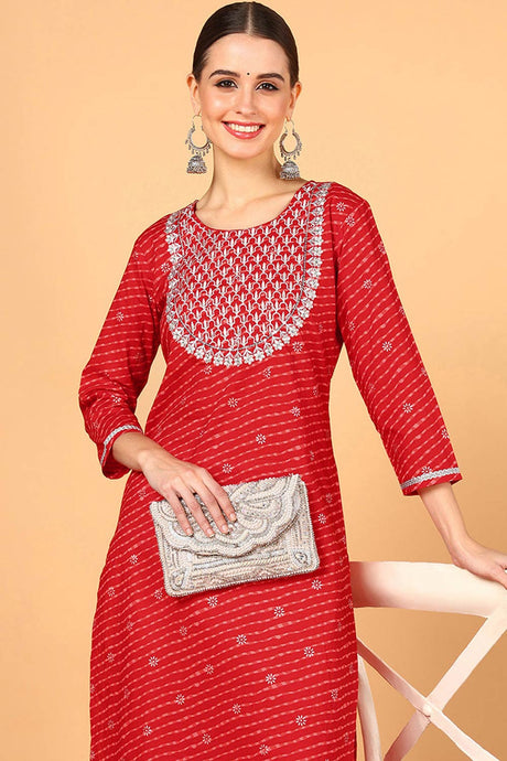 Red Cotton Leheriya Straight Fit Kurta Set