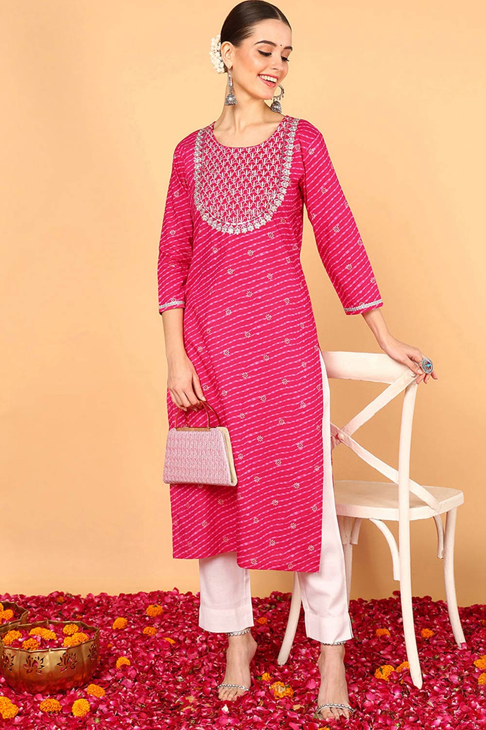 Pink Cotton Leheriya Straight Fit Kurta Set