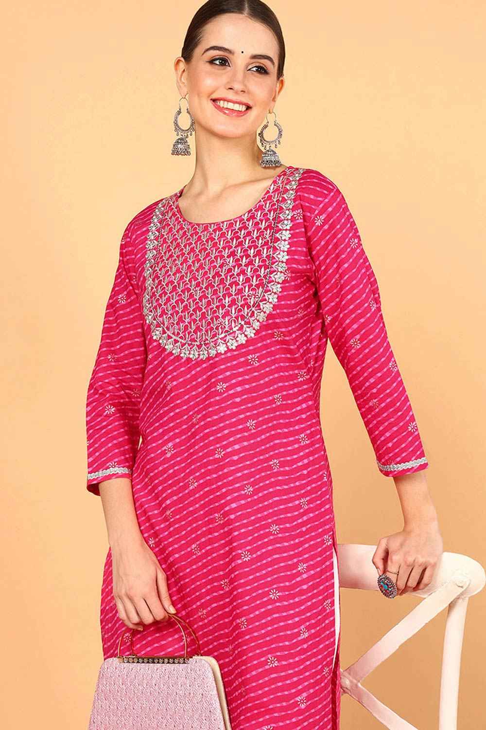 Pink Cotton Leheriya Straight Fit KurtI Set