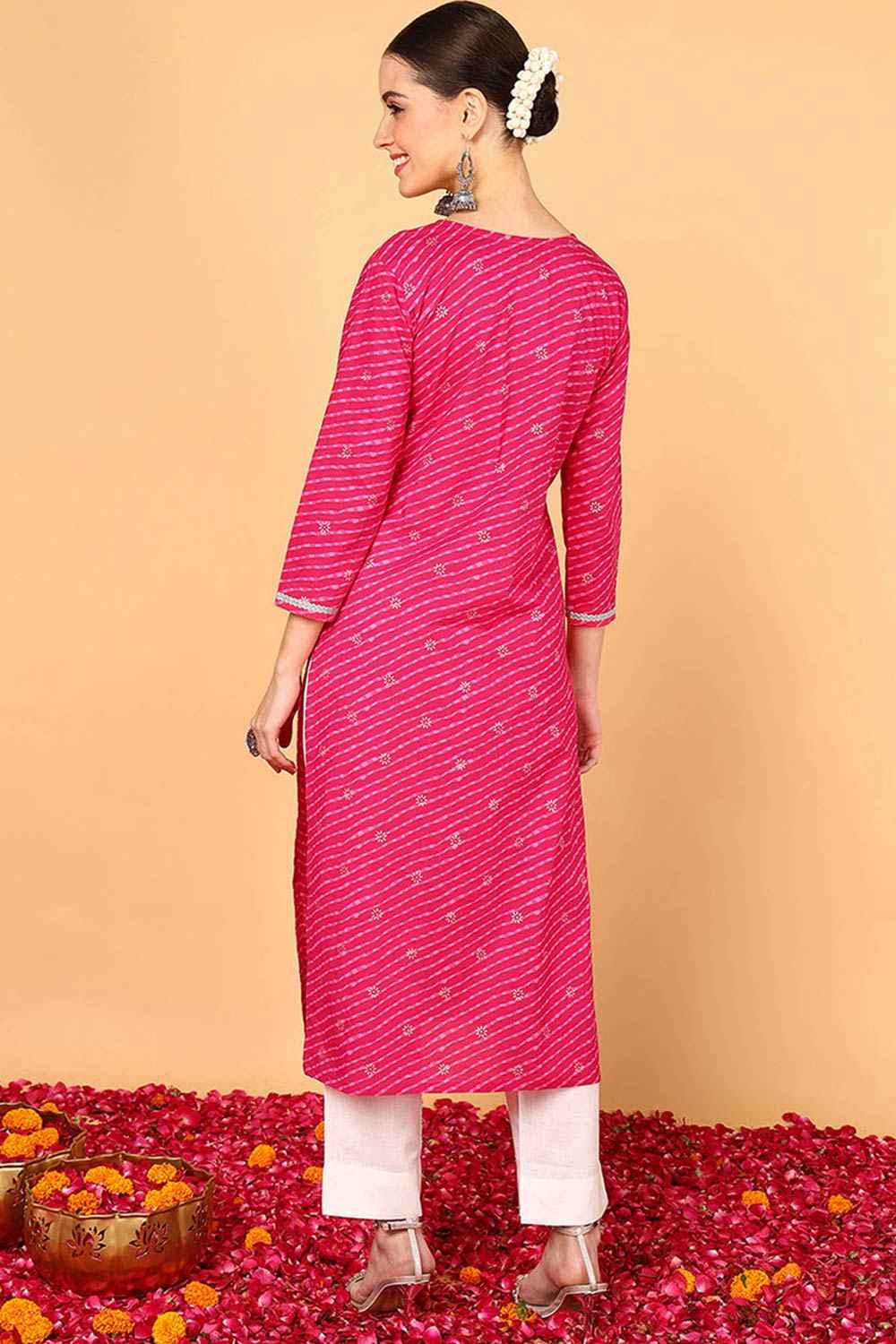 Pink Cotton Leheriya Straight Fit Kurta Set