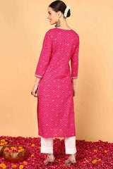 Pink Cotton Leheriya Straight Fit KurtI Set