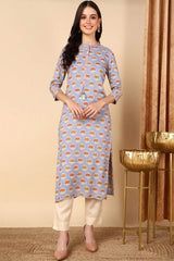 Blue Cotton Printed Straight Fit KurtI Set