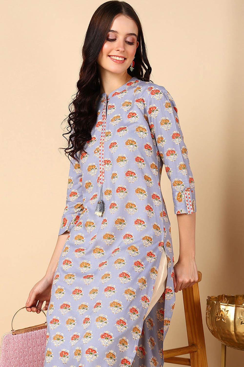 Blue Cotton Printed Straight Fit KurtI Set