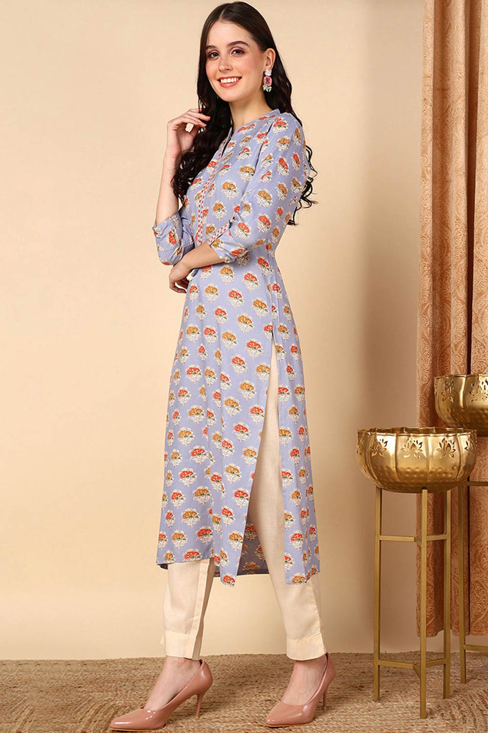 Blue Cotton Printed Straight Fit KurtI Set