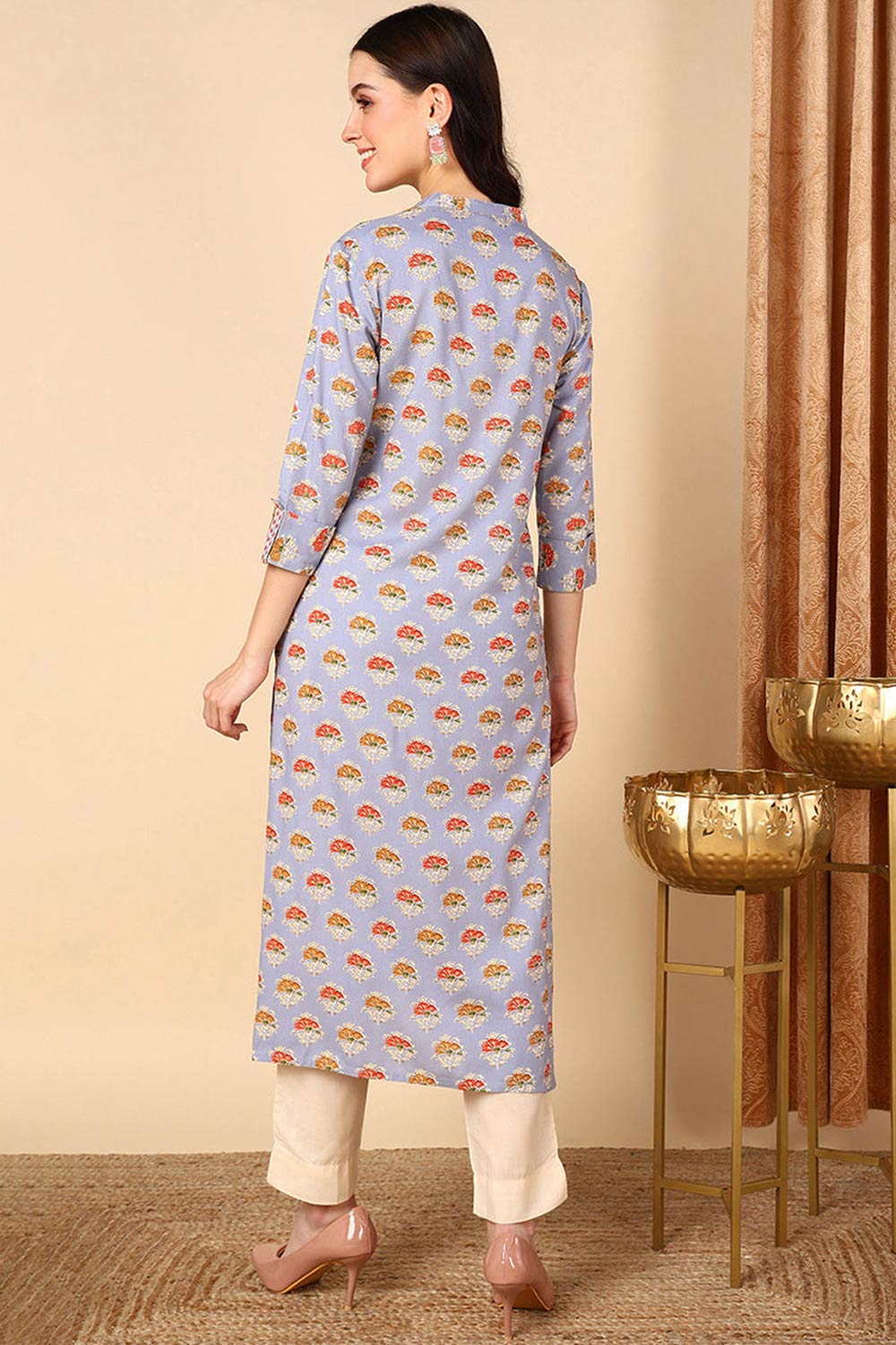 Blue Cotton Printed Straight Fit KurtI Set