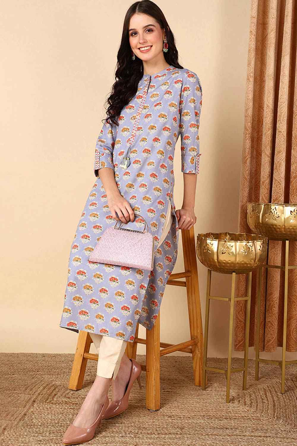 Blue Cotton Printed Straight Fit KurtI Set