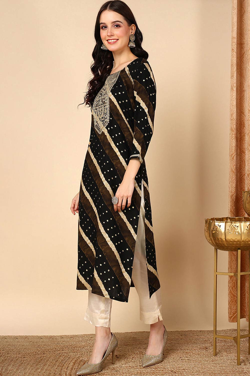 Black Rayon Leheriya Straight Fit KurtI Set