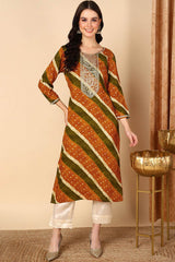 Yellow Rayon Embroidered Round Neck KurtI Set