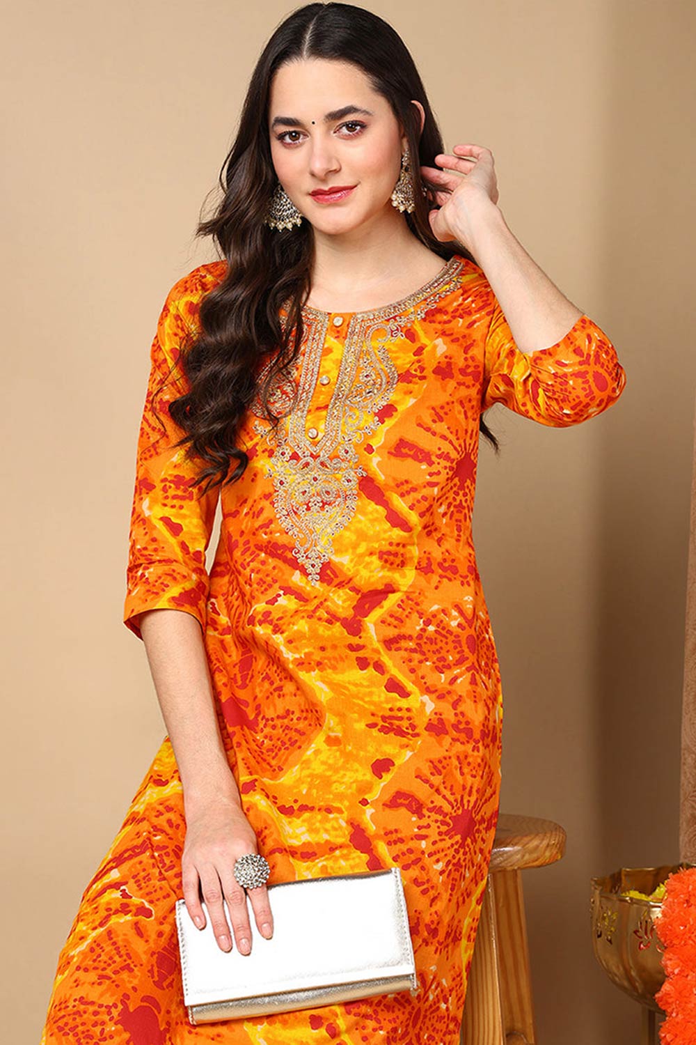 Orange Rayon Abstract Print Straight Fit KurtI Set