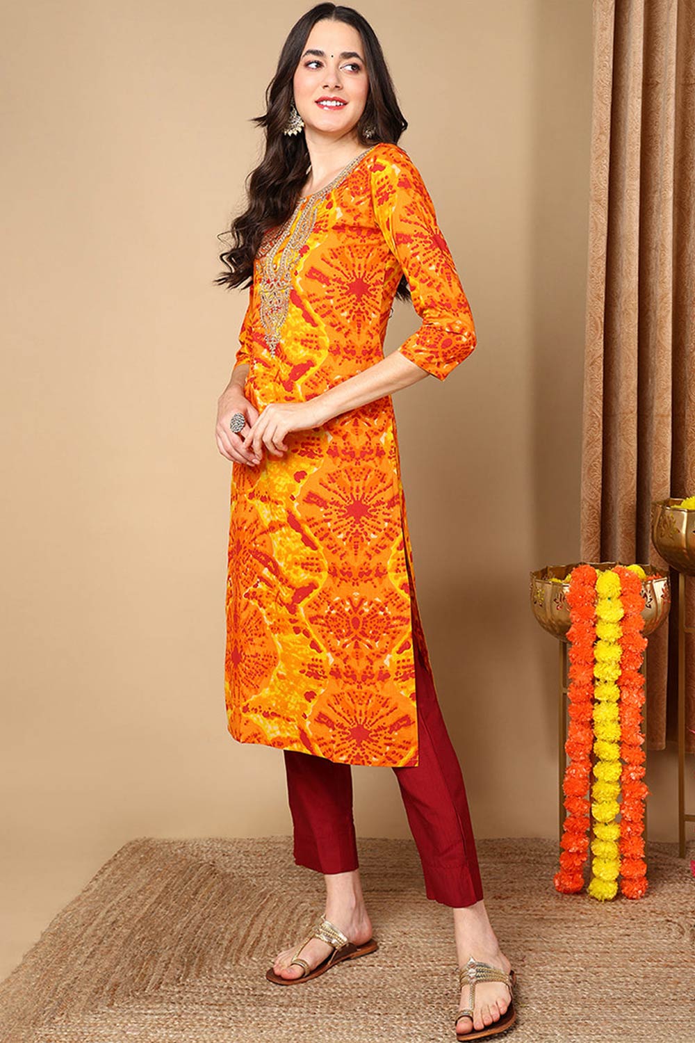 Orange Rayon Abstract Print Straight Fit KurtI Set