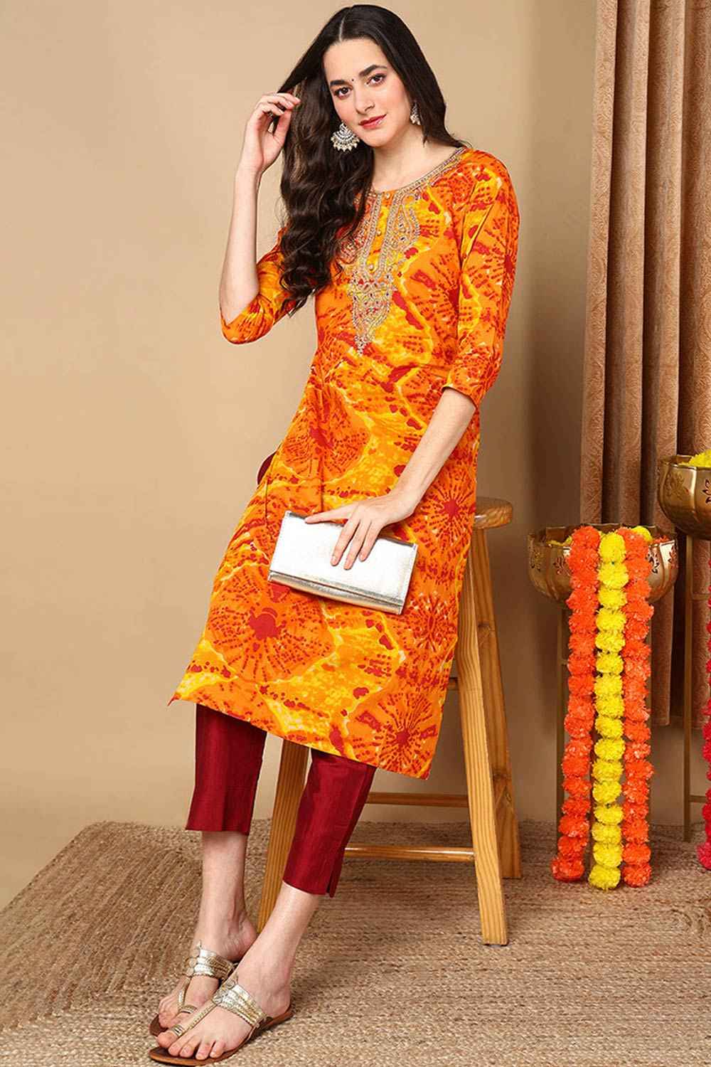 Orange Rayon Abstract Print Straight Fit KurtI Set