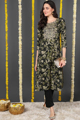 Green Silk Blend Floral Print Round Neck KurtI Set