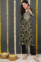 Green Silk Blend Floral Print Round Neck KurtI Set