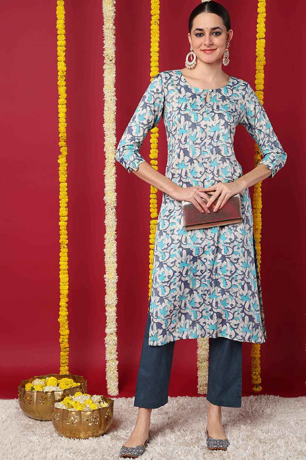 Beige Silk Blend Printed Straight Fit KurtI Set