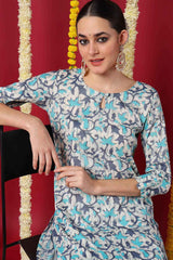 Beige Silk Blend Printed Straight Fit KurtI Set