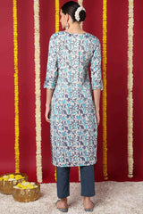 Beige Silk Blend Printed Straight Fit KurtI Set