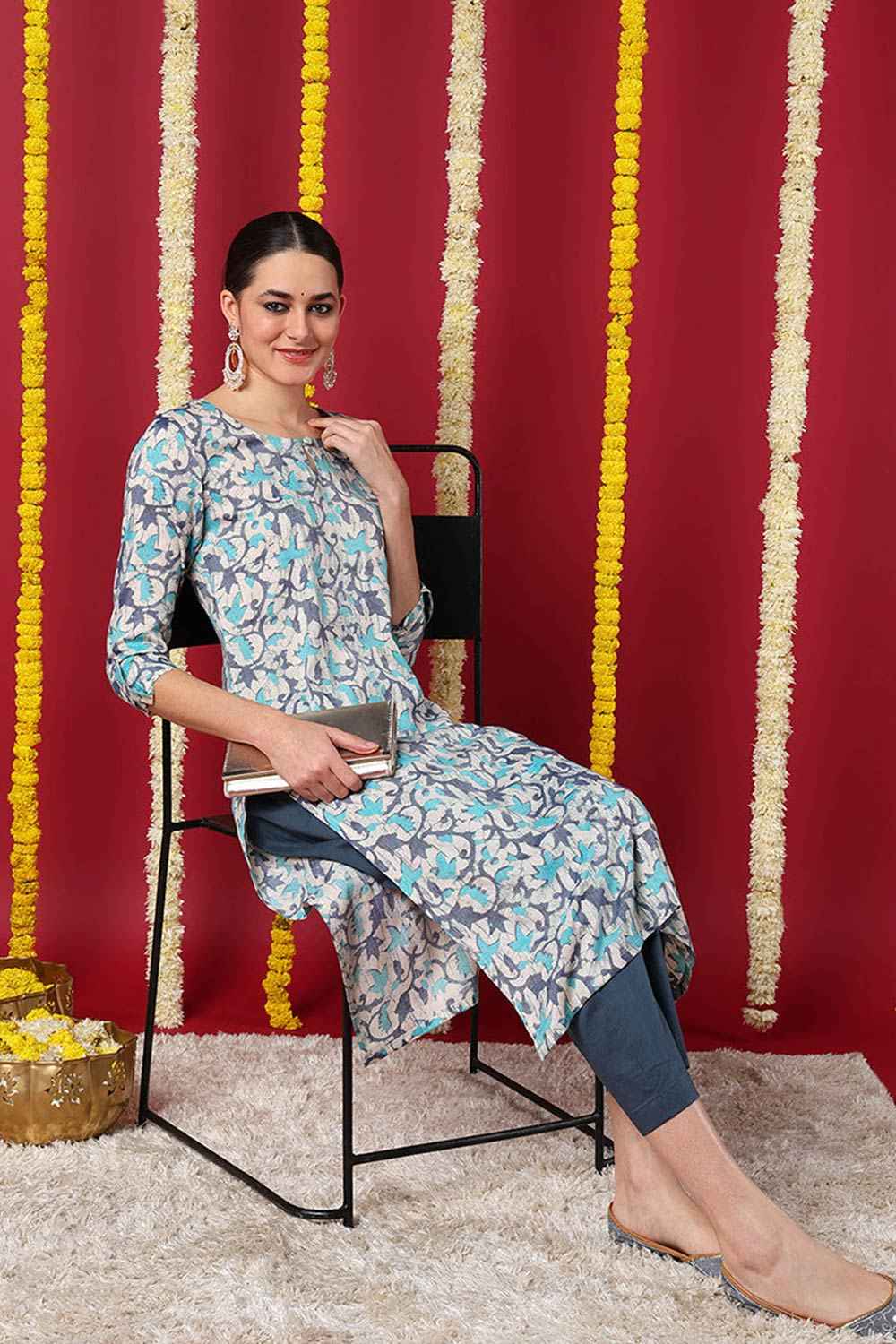 Beige Silk Blend Printed Straight Fit KurtI Set