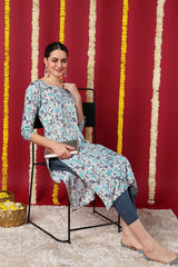 Beige Silk Blend Printed Straight Fit KurtI Set