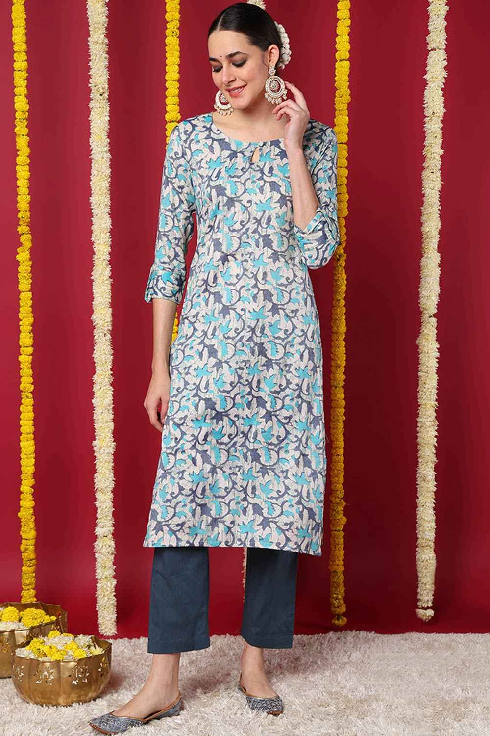 Beige Silk Blend Printed Straight Fit KurtI Set