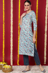 Beige Silk Blend Printed Straight Fit KurtI Set