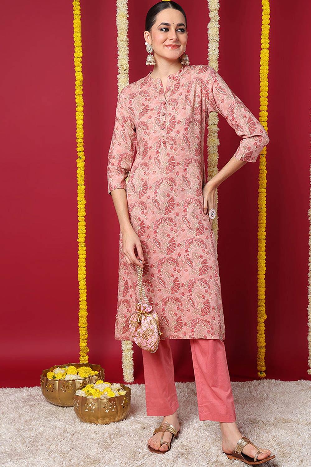 Pink Rayon Floral Straight Fit KurtI Set