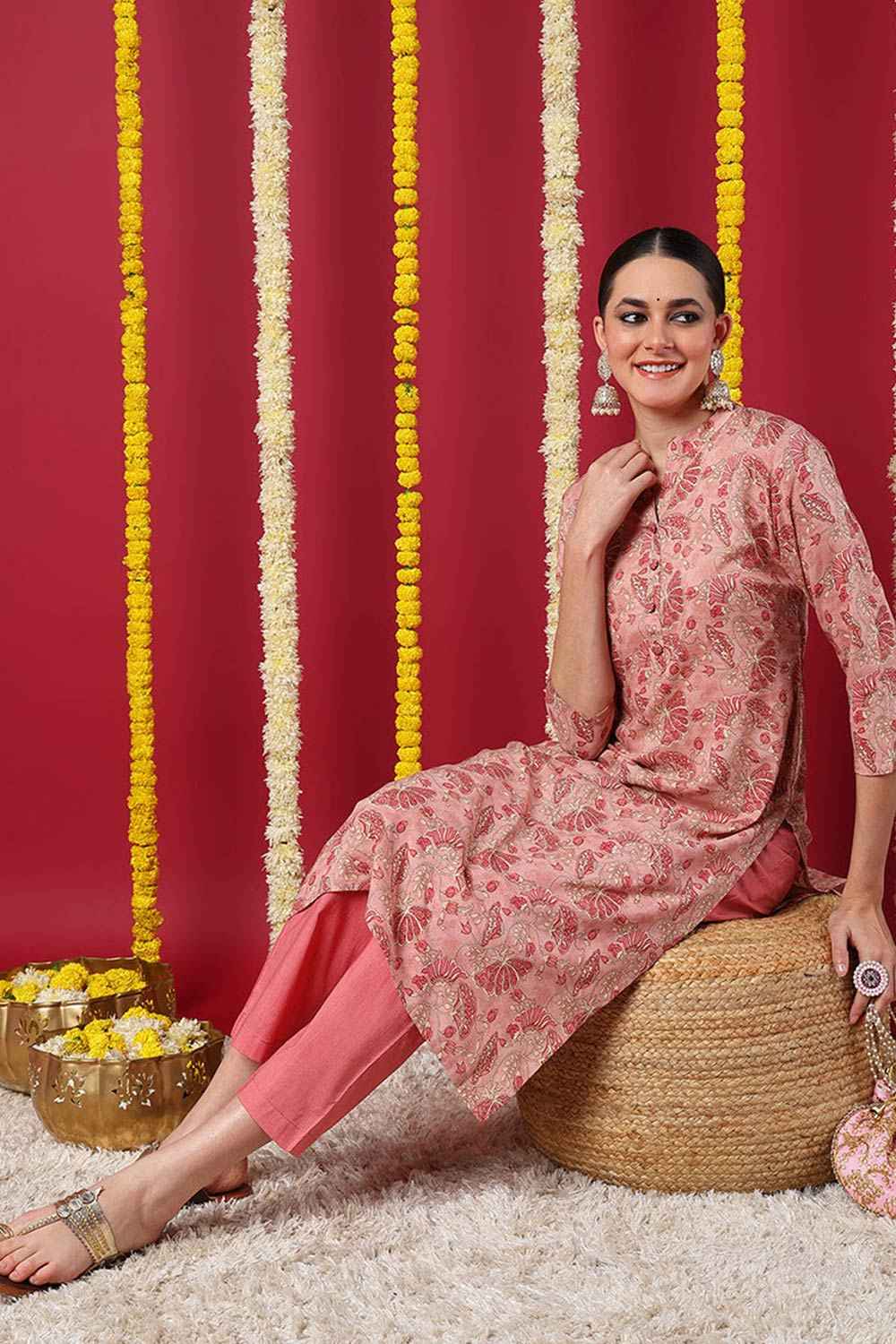 Pink Rayon Floral Straight Fit KurtI Set