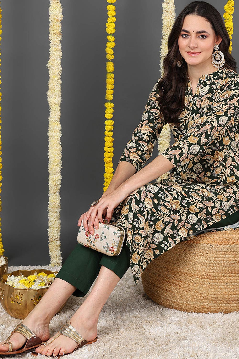 Green Rayon Floral Print Round Neck KurtI Set