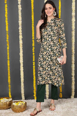 Green Rayon Floral Print Round Neck KurtI Set