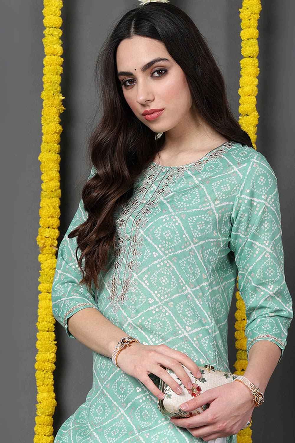 Green Cotton Blend Bandhani Round Neck KurtI Set