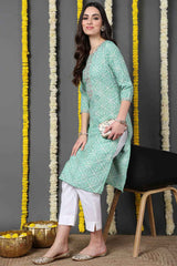 Green Cotton Blend Bandhani Round Neck KurtI Set