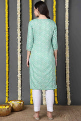 Green Cotton Blend Bandhani Round Neck KurtI Set