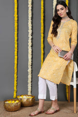 Yellow Cotton Blend Printed Straight Fit KurtI Set