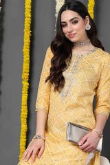 Yellow Cotton Blend Printed Straight Fit KurtI Set