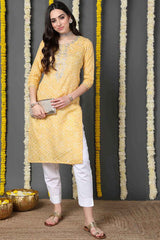 Yellow Cotton Blend Printed Straight Fit KurtI Set