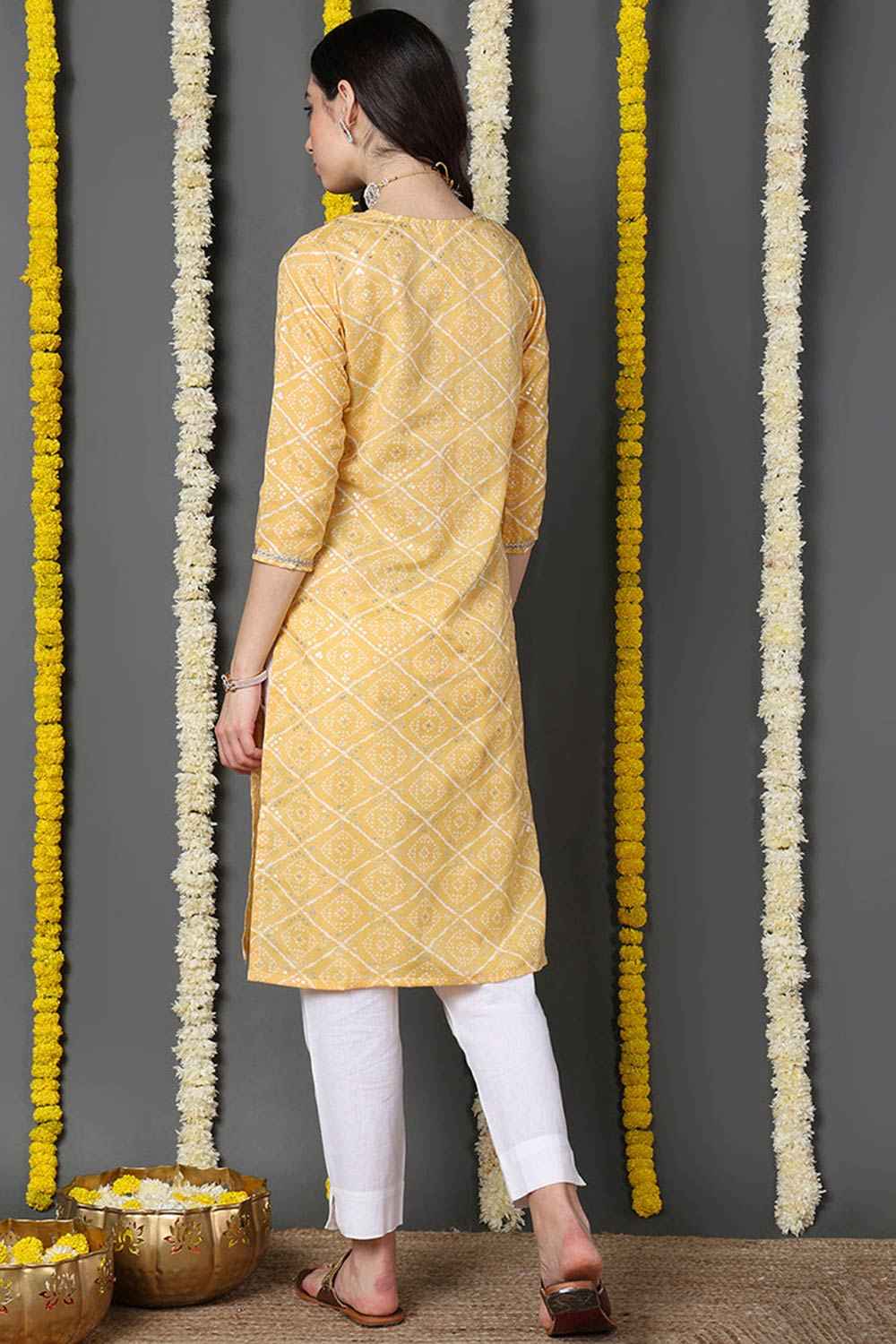 Yellow Cotton Blend Printed Straight Fit KurtI Set