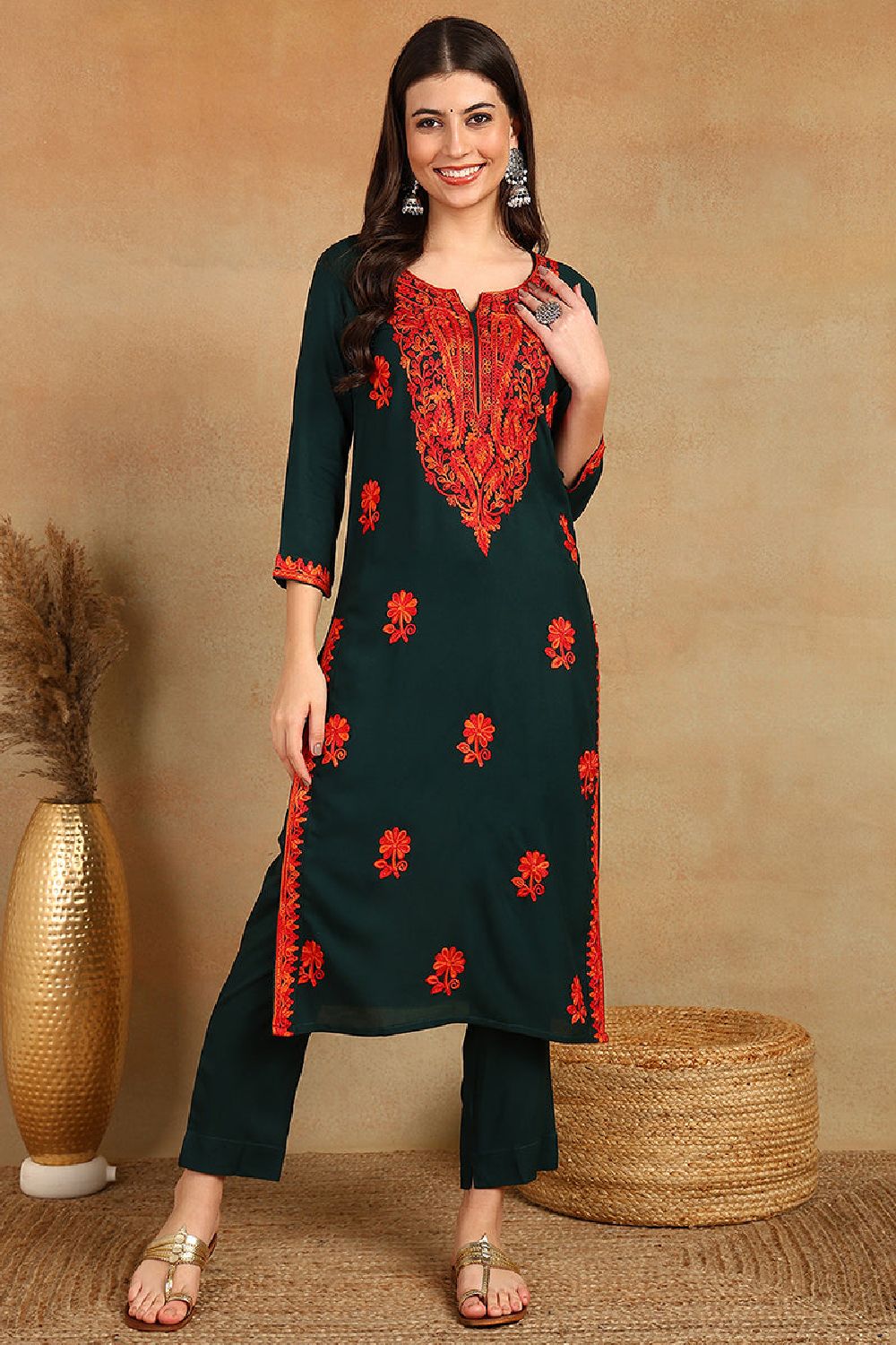 Green Embroidered Viscose Rayon Straight Cut Kurti