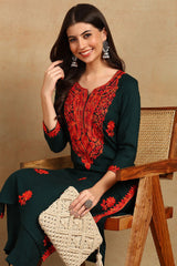 Green Embroidered Viscose Rayon Straight Cut Kurti